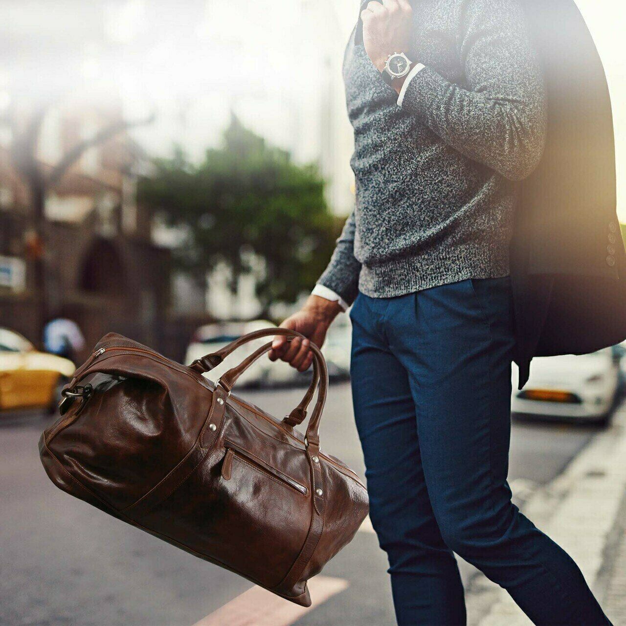 Pierre Cardin Rustic Leather Business Overnight Bag Unisex Duffle Bag Travel - Black-4