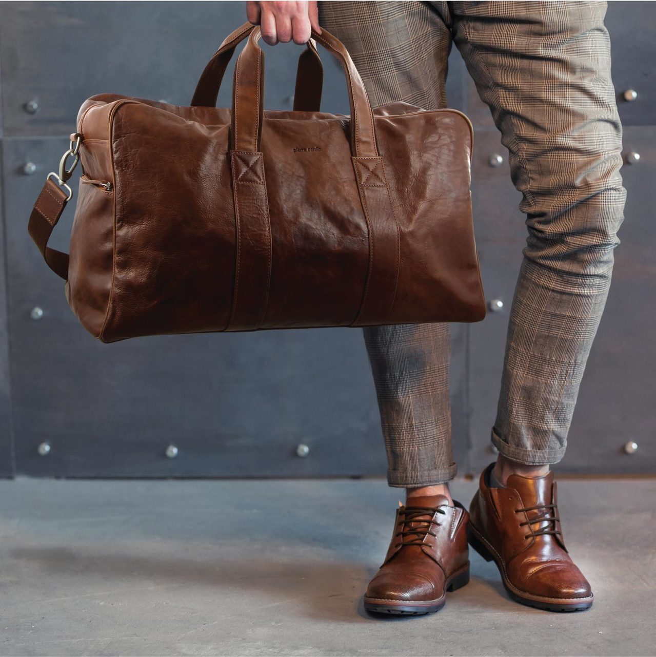 Pierre Cardin Rustic Leather Travel Bag Overnight Business - Chestnut-2