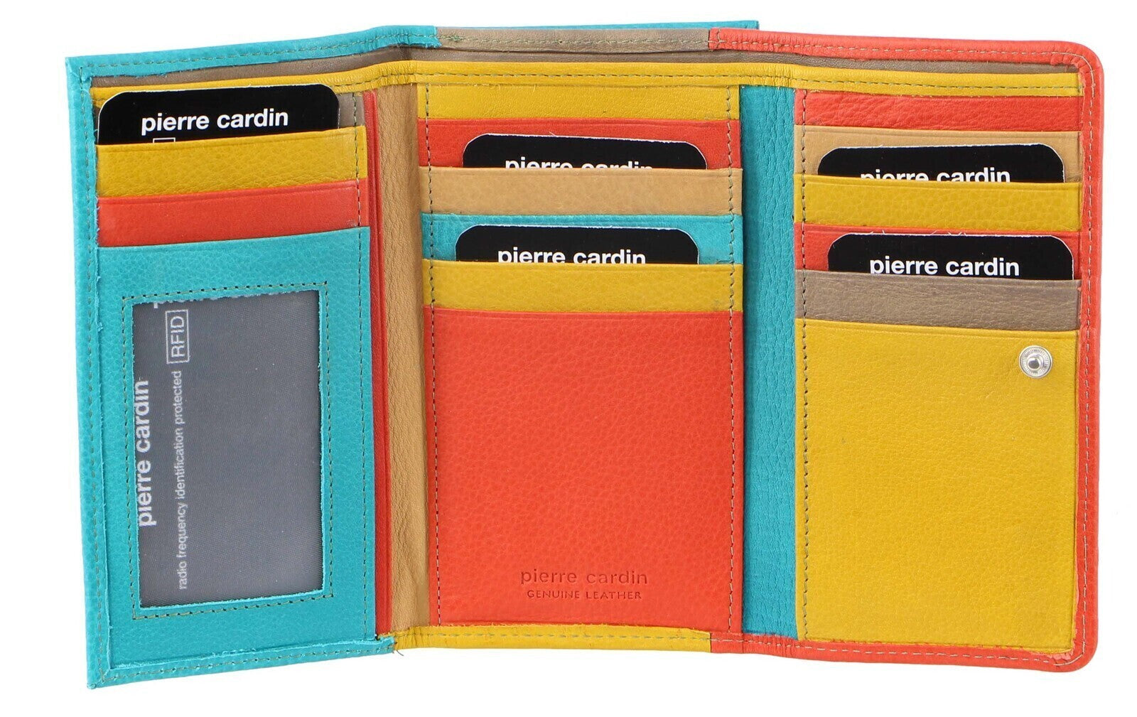 Pierre Cardin Italian Genuine Leather Ladies Trifold Wallet- Orange/Turquoise-0