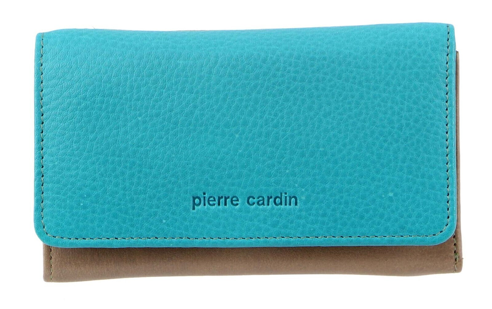 Pierre Cardin Italian Genuine Leather Ladies Summer Trifold Wallet- Turquoise/Taupe-2