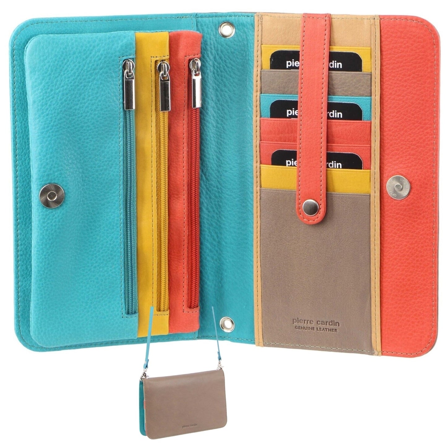 Pierre Cardin Genuine Leather Ladies Wallet Clutch Bag - Taupe/Turquoise-2