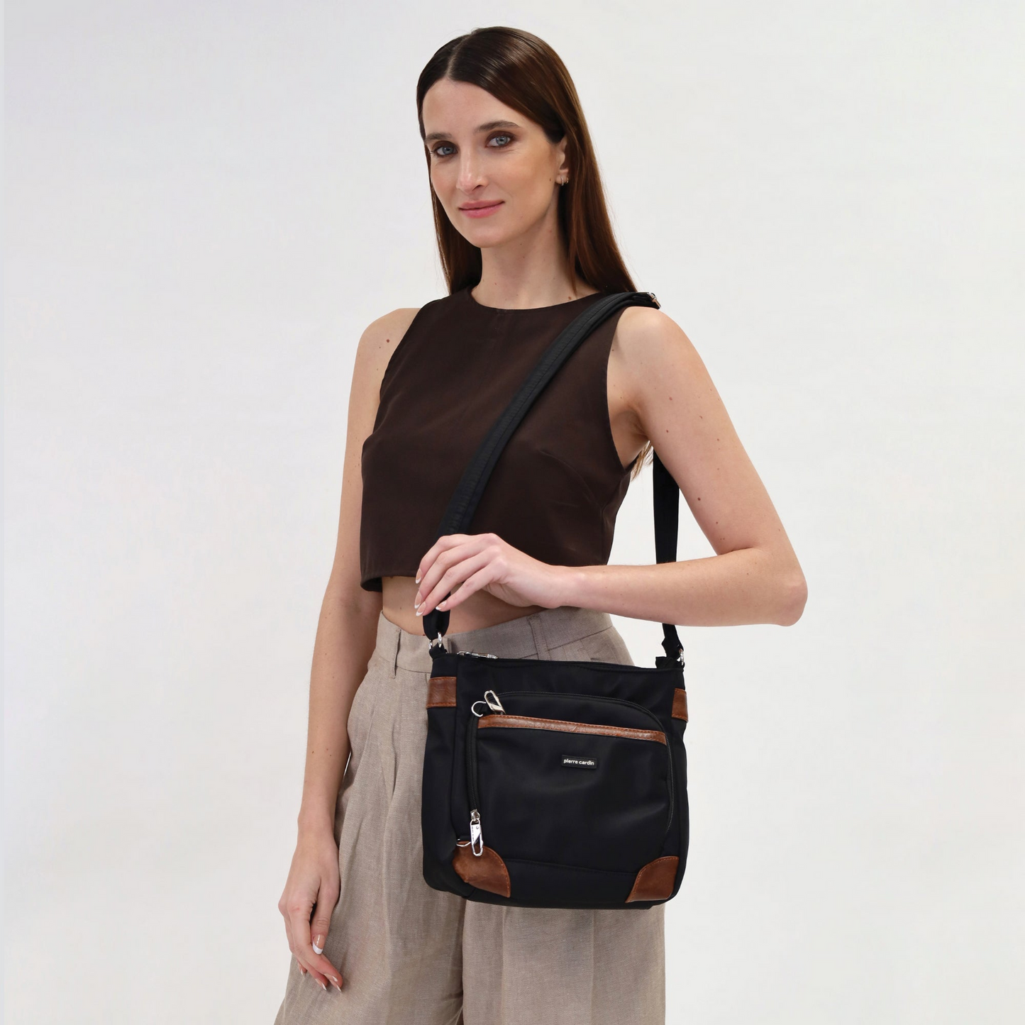 Pierre Cardin Nylon Cross Body Bag Slash Proof Shoulder Anti-Theft in Black