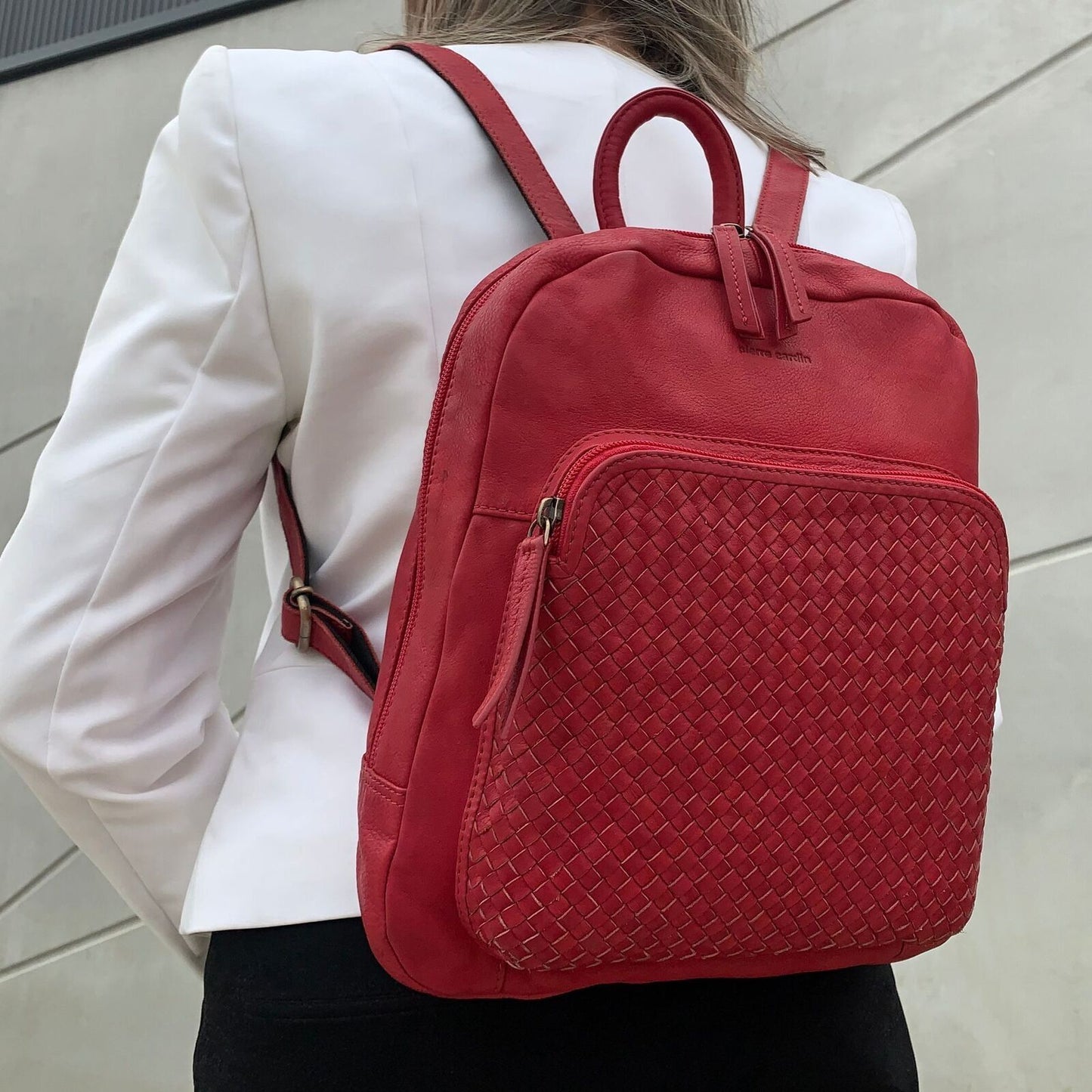 Pierre Cardin Womens Woven Soft Leather Backpack Bag Travel - Red
