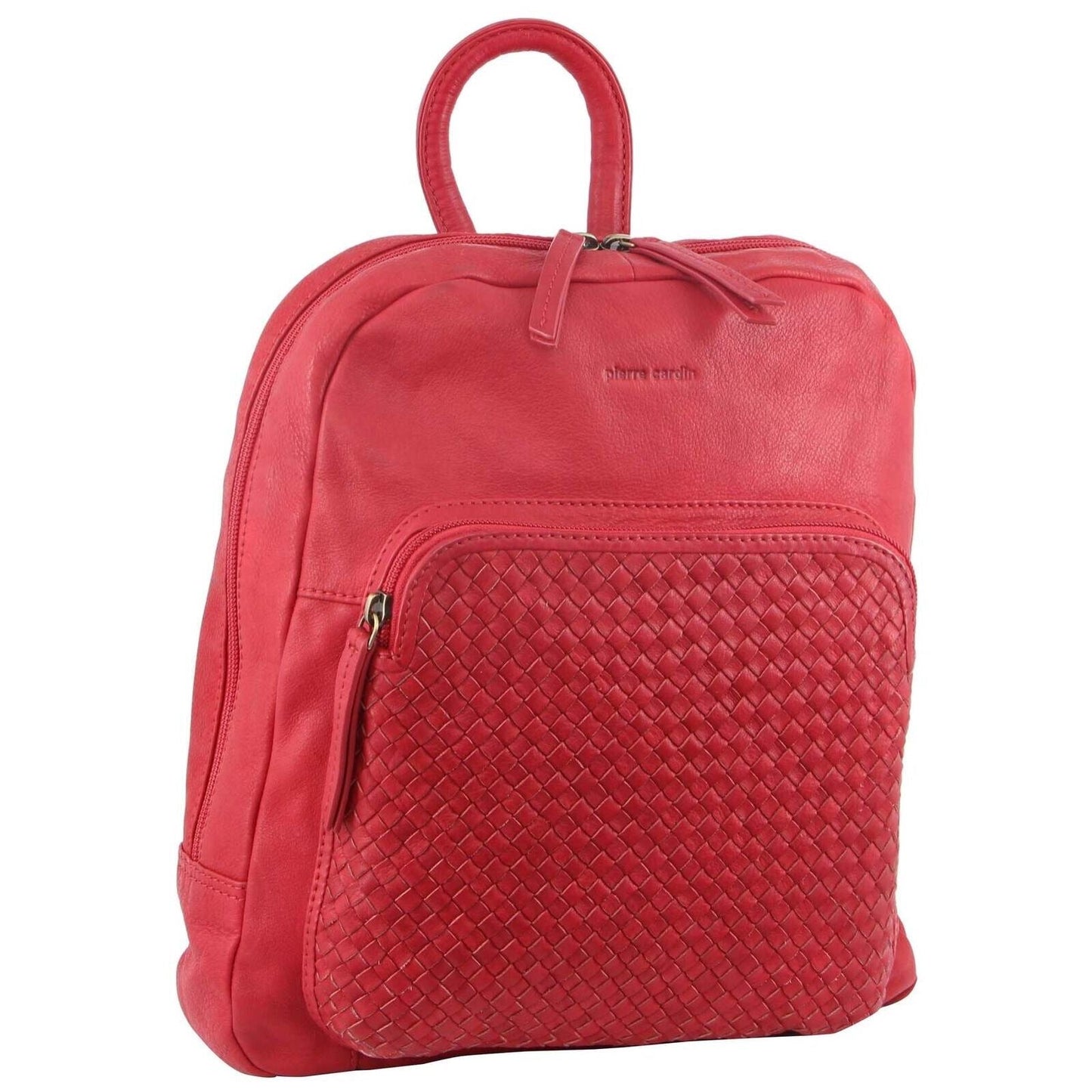 Pierre Cardin Womens Woven Soft Leather Backpack Bag Travel - Red