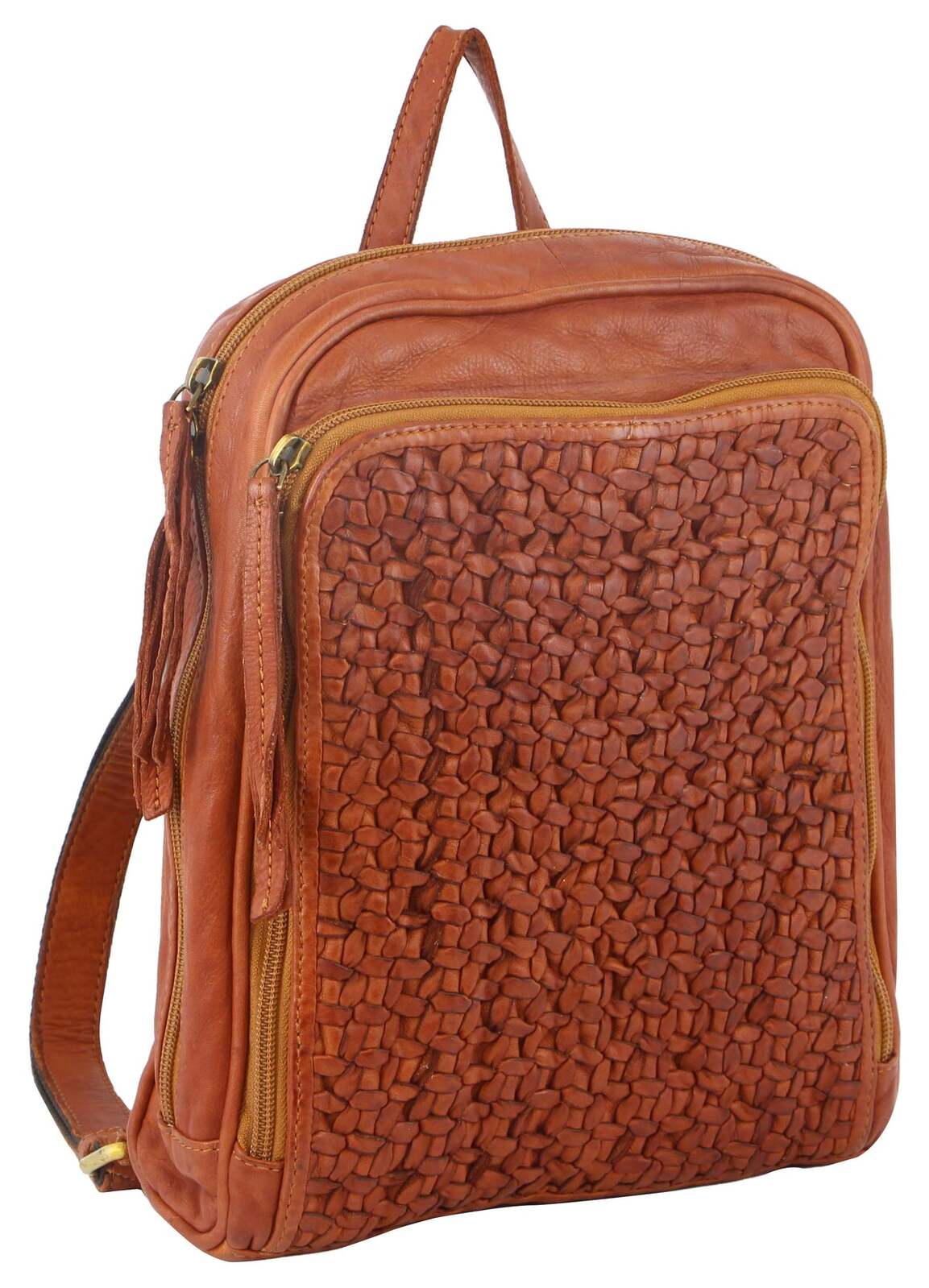 Pierre Cardin Woven Leather Ladies Backpack Bag Travel Satchel Zip - Cognac-1