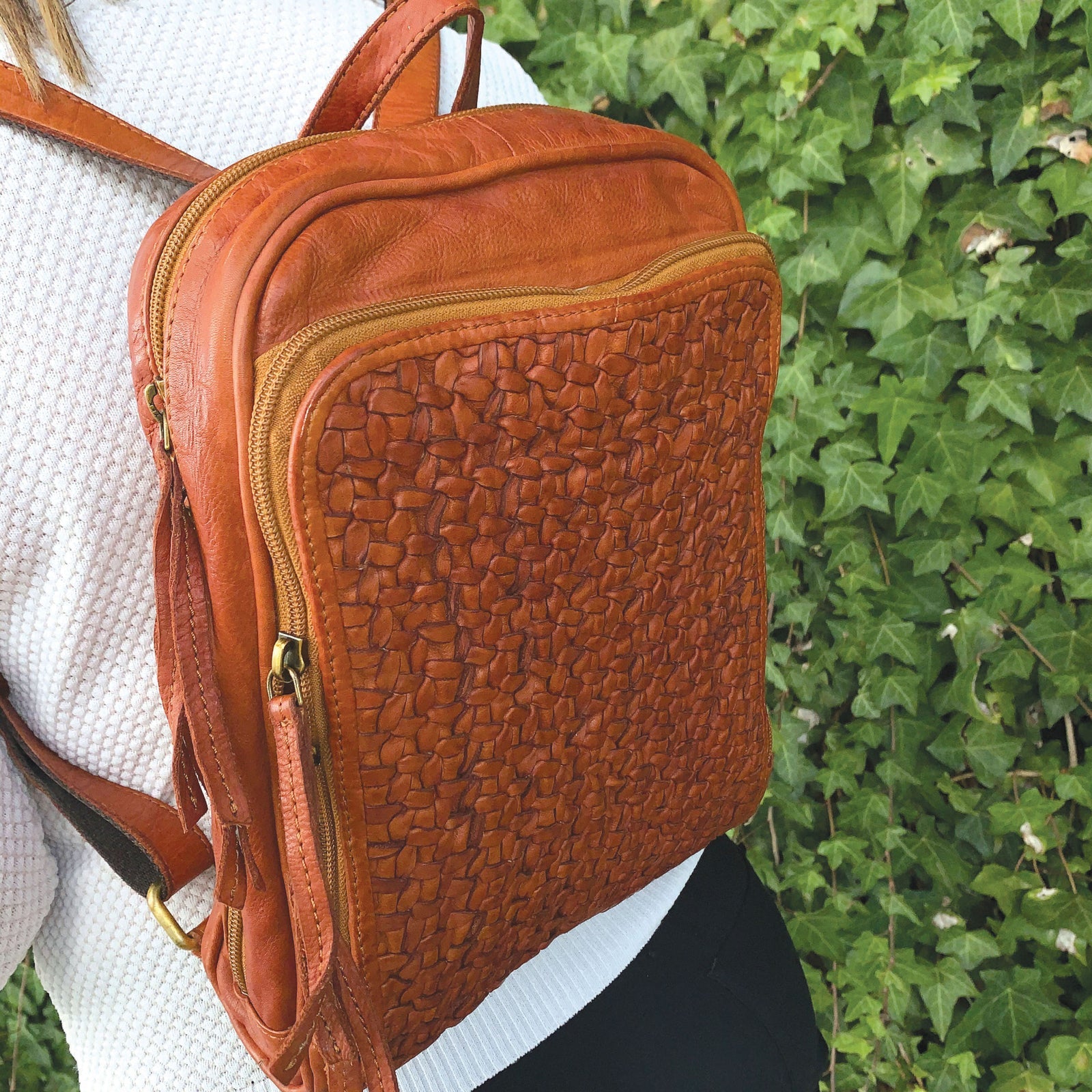 Pierre Cardin Woven Leather Ladies Backpack Bag Travel Satchel Zip - Cognac-4