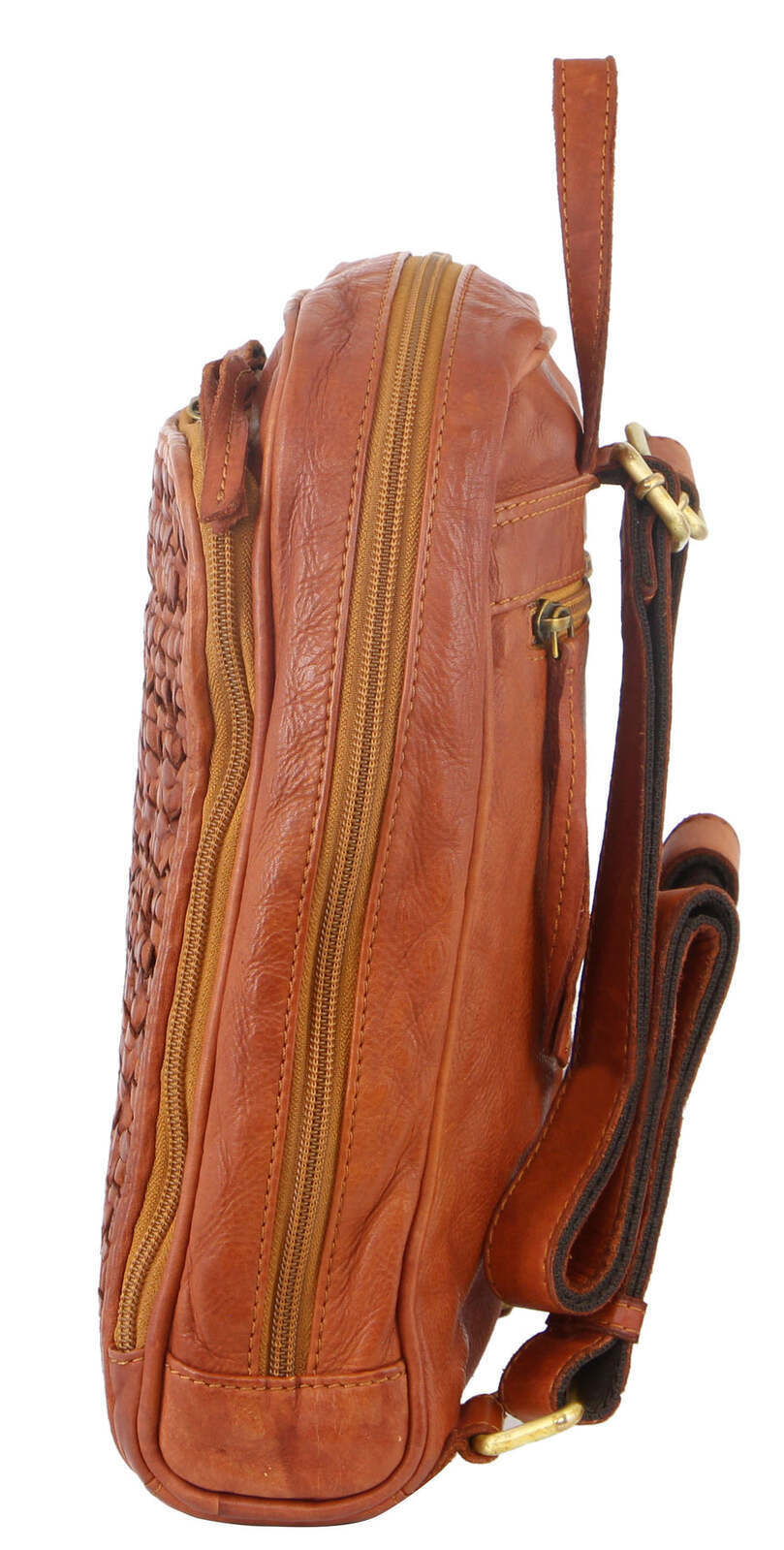 Pierre Cardin Woven Leather Ladies Backpack Bag Travel Satchel Zip - Cognac-3