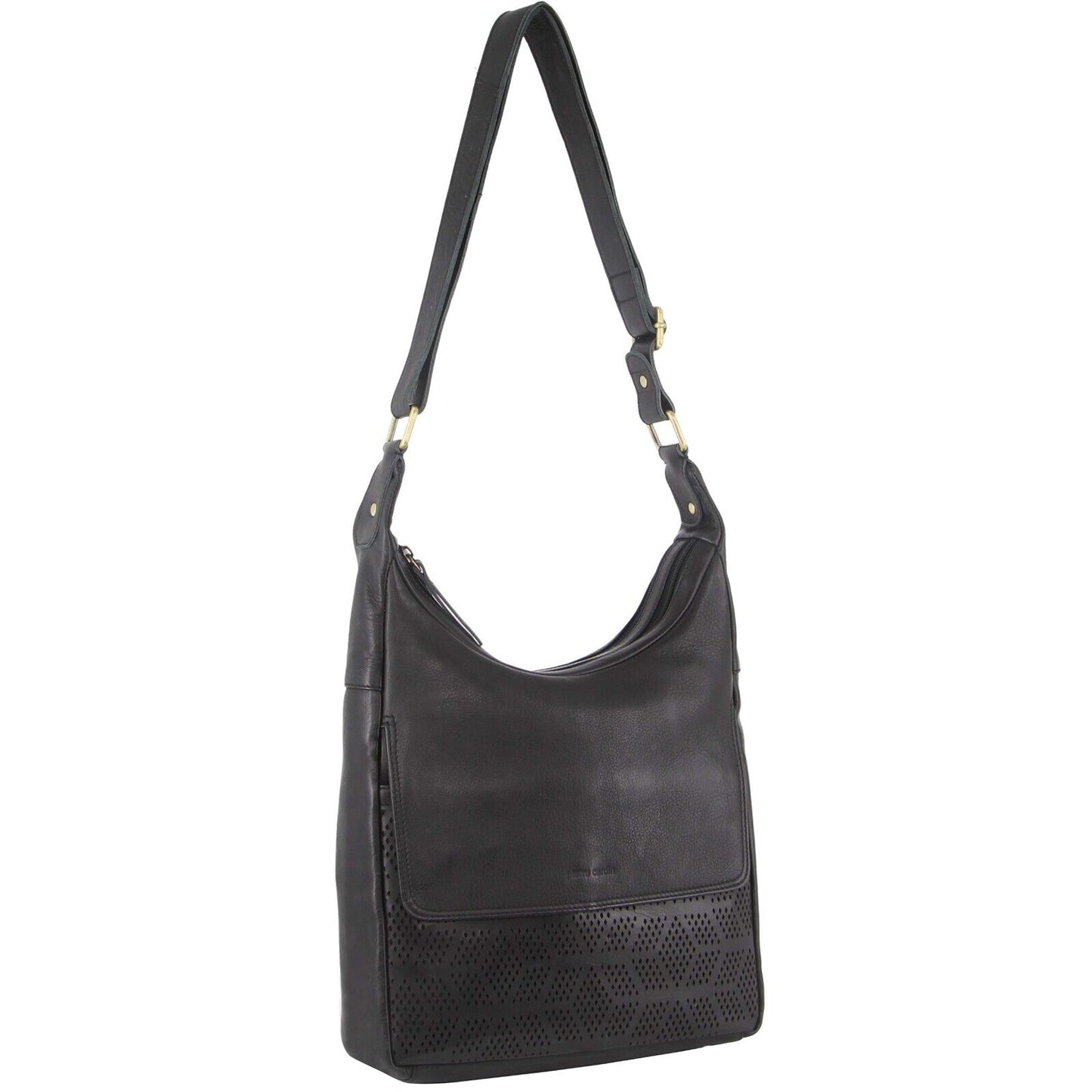 Pierre Cardin Womens Large Leather Multi Zip Perforated Cross-Body Bag - Black-1