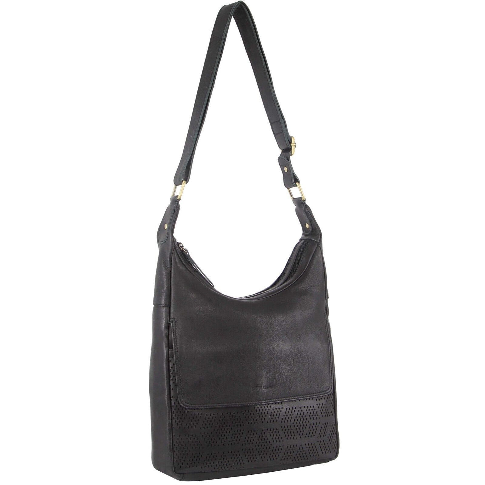 Pierre Cardin Womens Large Leather Multi Zip Perforated Cross-Body Bag - Black-0