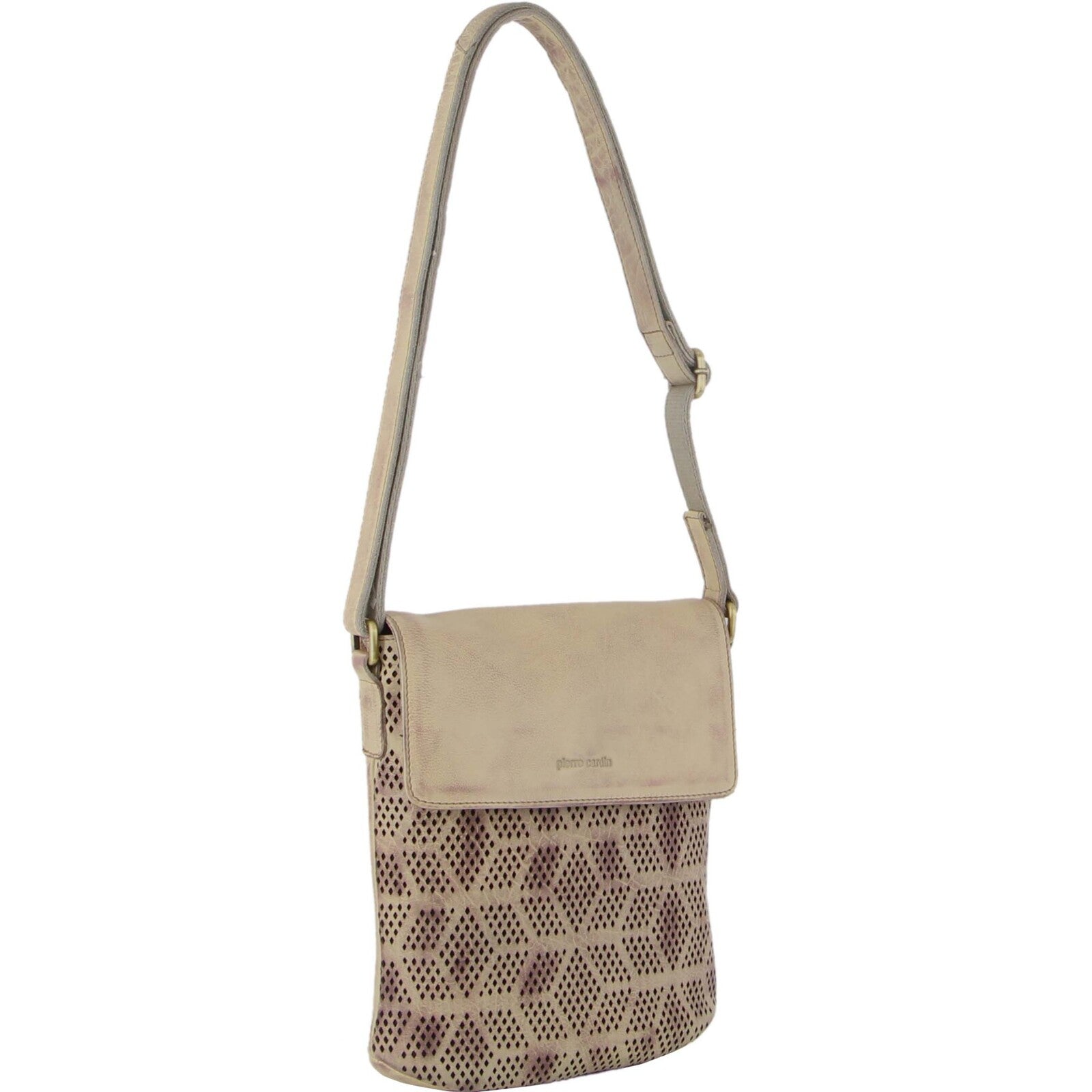 Pierre Cardin Leather Perforated Cross-Body Bag with Flap Closure - Latte-1