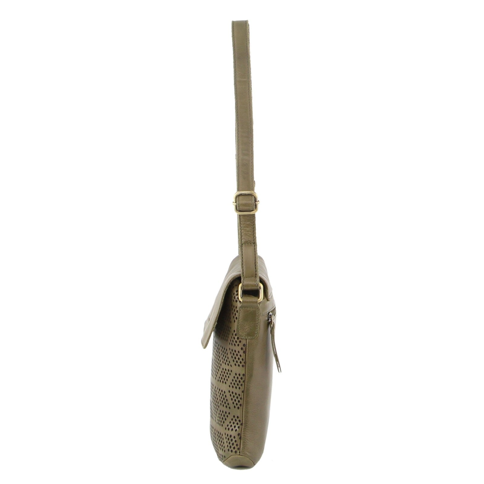 Pierre Cardin Leather Perforated Cross-Body Bag with Flap Closure - Olive-2