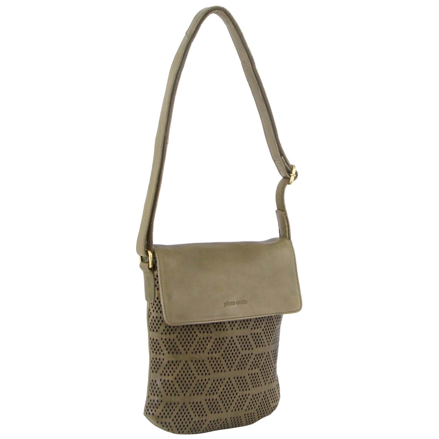 Pierre Cardin Leather Perforated Cross-Body Bag with Flap Closure - Olive-1