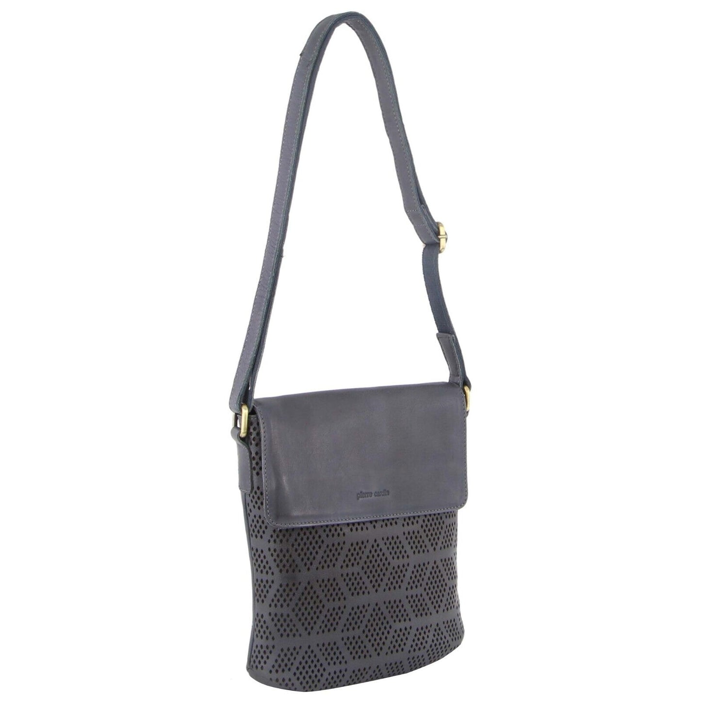 Pierre Cardin Leather Perforated Cross-Body Bag with Flap Closure - Teal-1