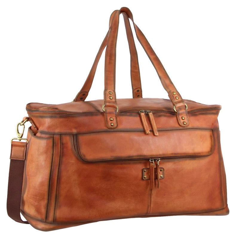 Pierre Cardin Burnished Leather Multi-Compartment Overnight Bag - Cognac-1