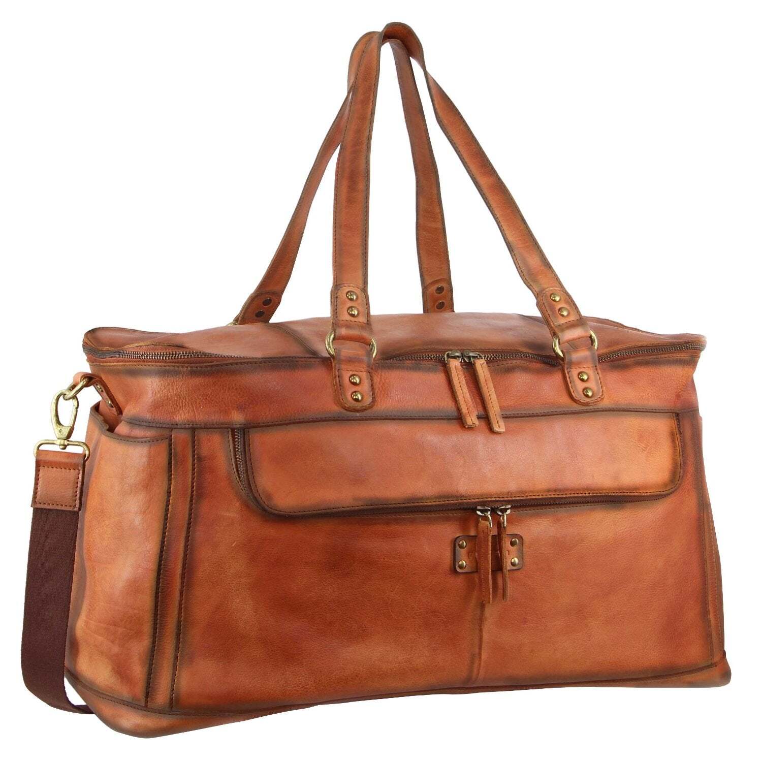Pierre Cardin Burnished Leather Multi-Compartment Overnight Bag - Cognac-0