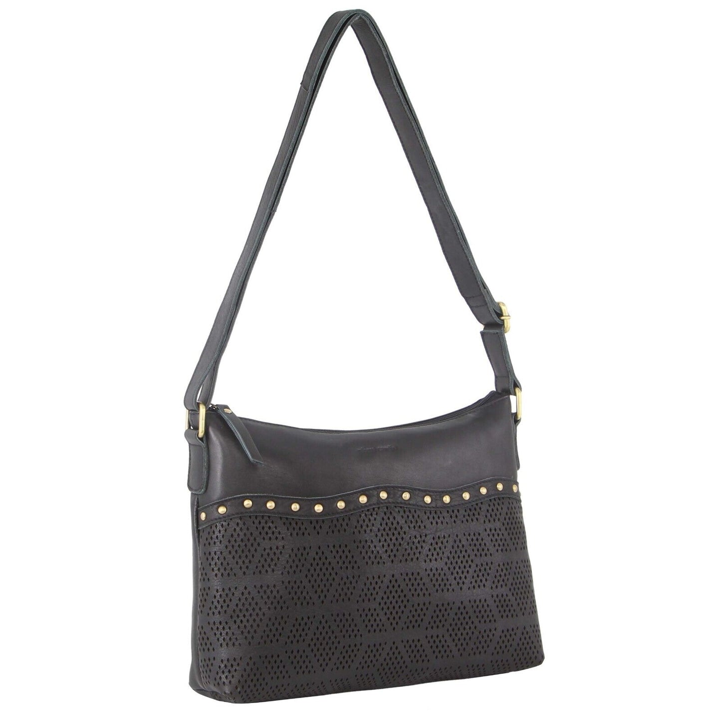 Pierre Cardin Womens Leather Perforated Cross-Body Bag with stud Detailing - Black-0