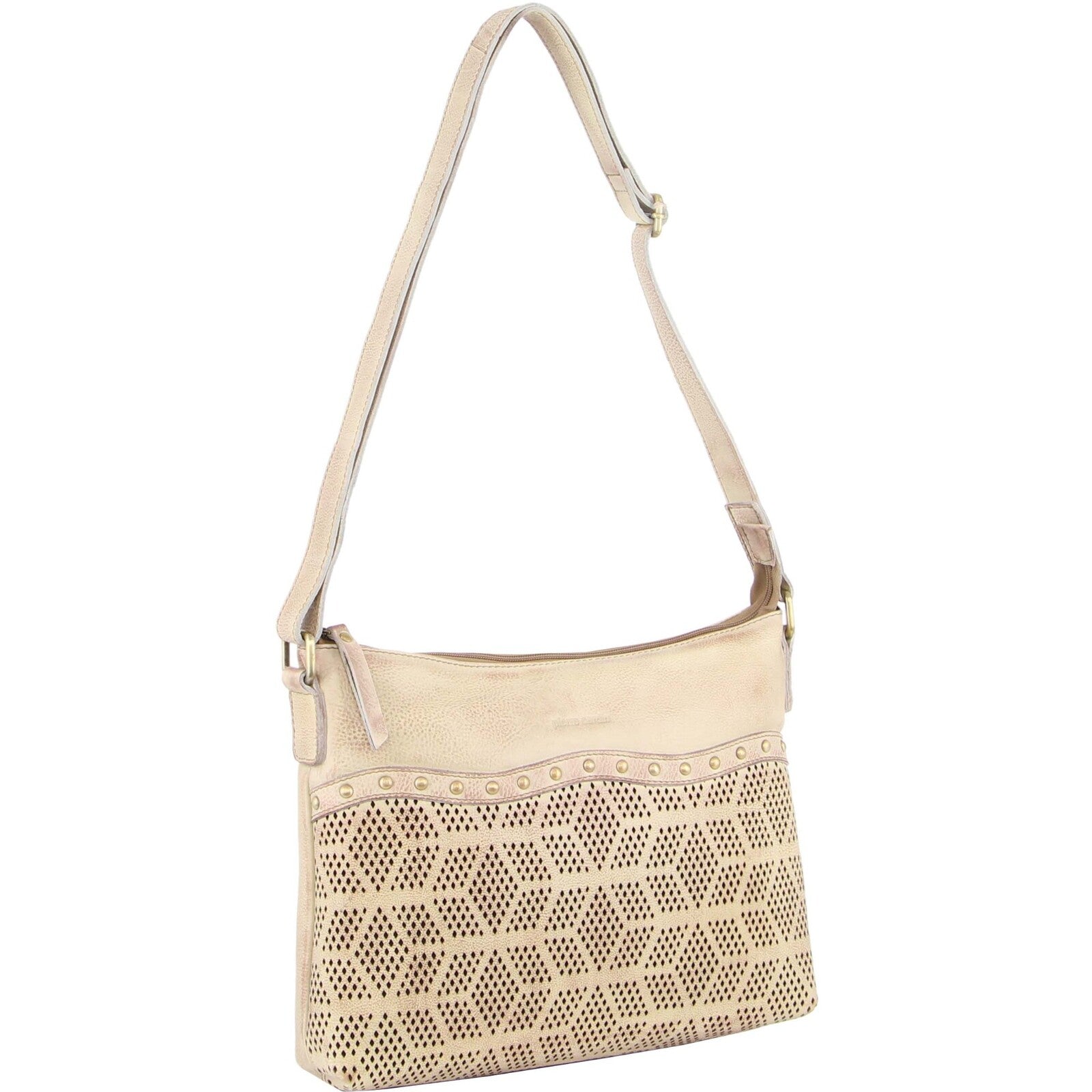 Pierre Cardin Womens Leather Perforated Cross-Body Bag with stud Detailing - Latte-0