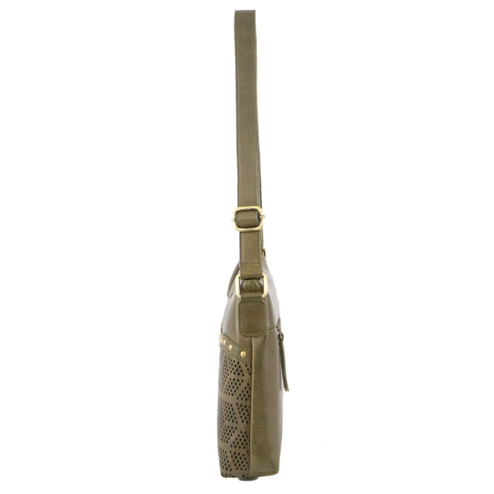 Pierre Cardin Womens Leather Perforated Cross Body Bag w/ Stud Detailing Travel - Olive-2