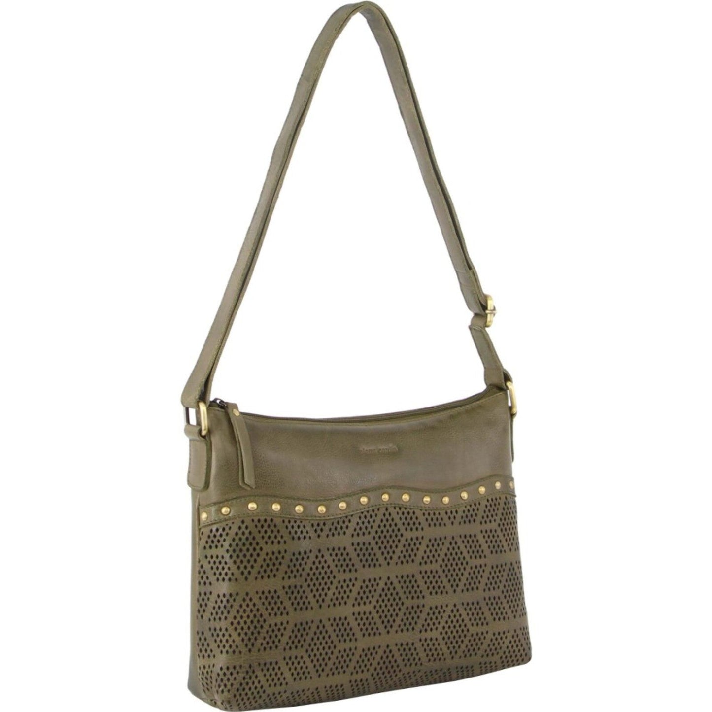 Pierre Cardin Womens Leather Perforated Cross Body Bag w/ Stud Detailing Travel - Olive-0