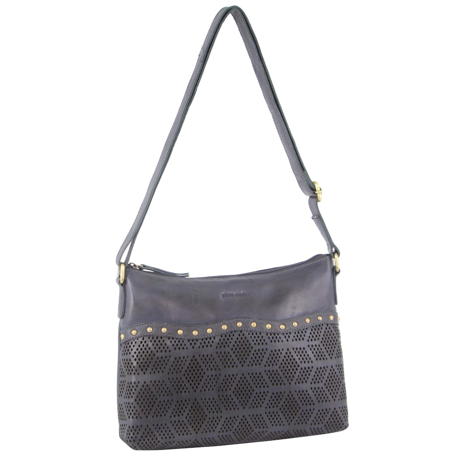 Pierre Cardin Womens Leather Perforated Cross-Body Bag with stud Detailing - Teal-0