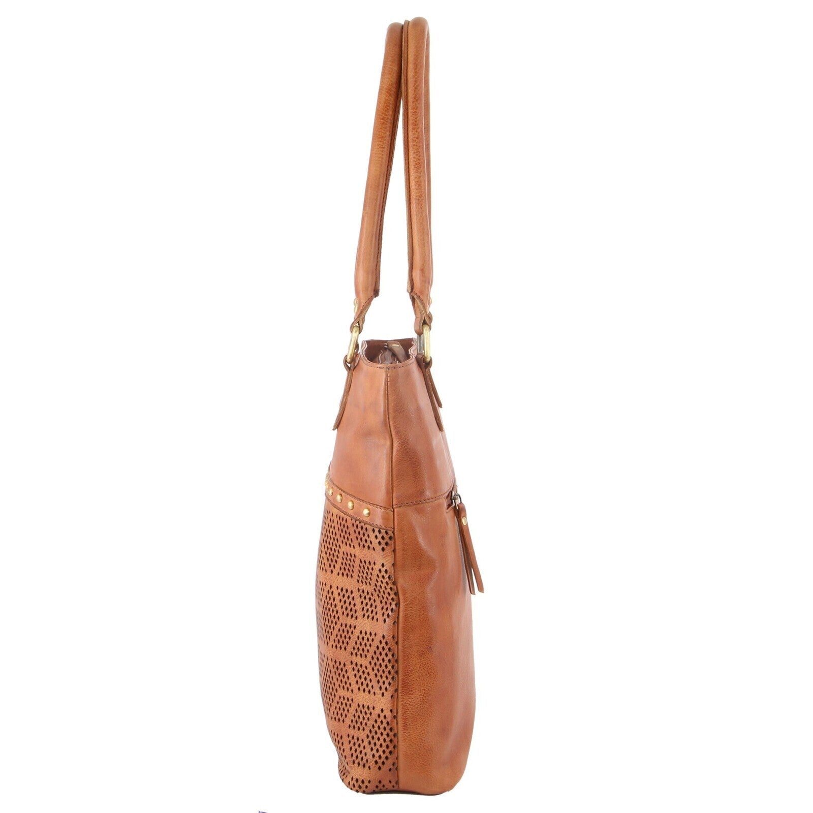 Pierre Cardin Womens Leather Perforated Shoulder Bag with stud Detailing - Cognac-2