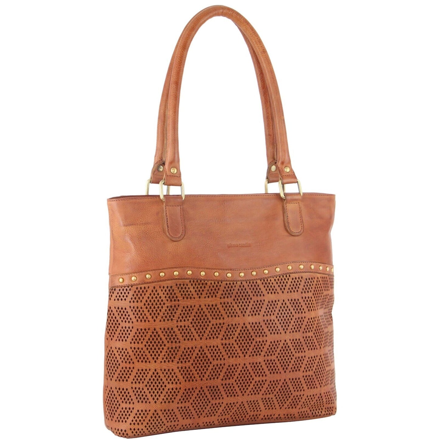 Pierre Cardin Womens Leather Perforated Shoulder Bag with stud Detailing - Cognac-0