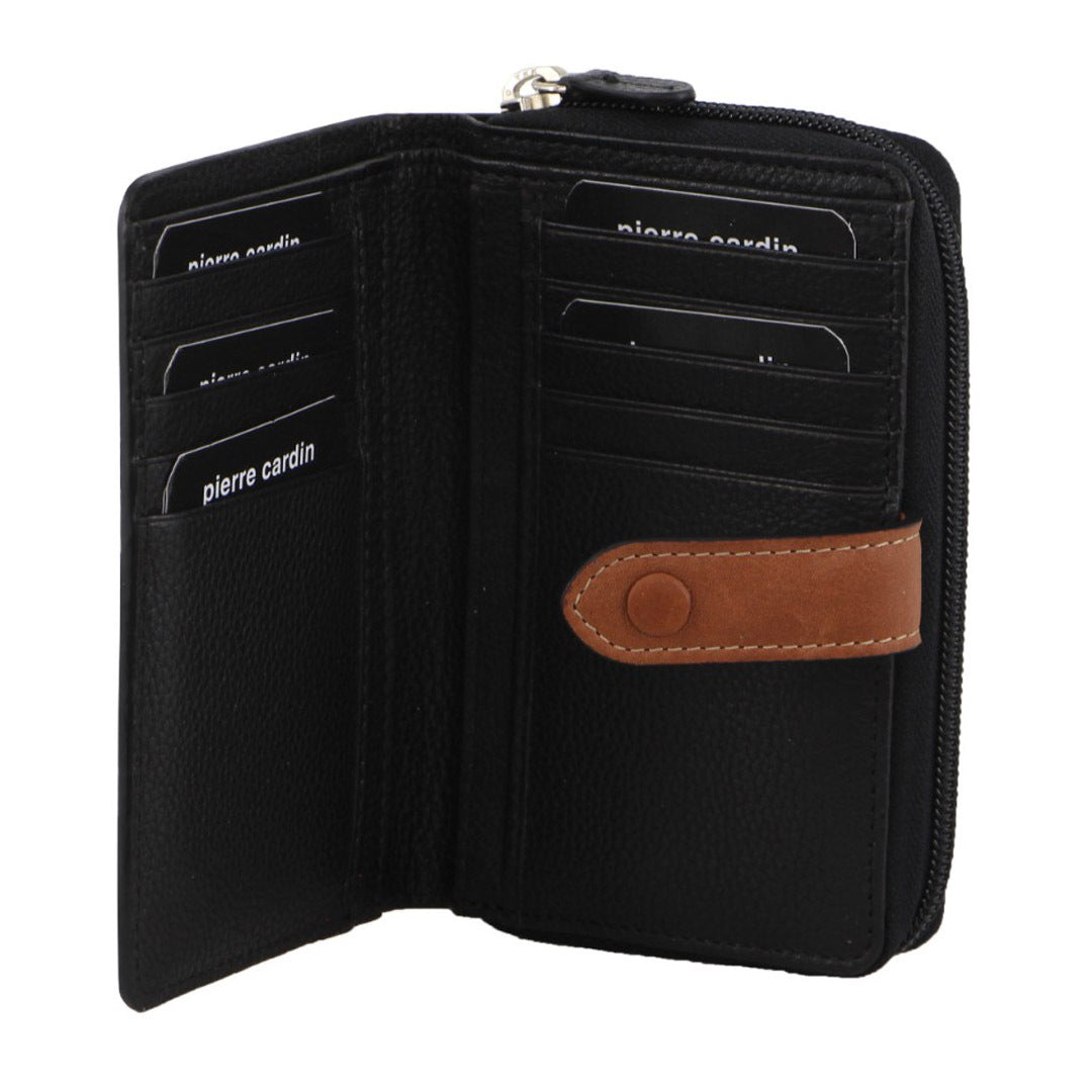 Pierre Cardin Womens Leather Bi-Fold Wallet Purse Zip Around - Black-1