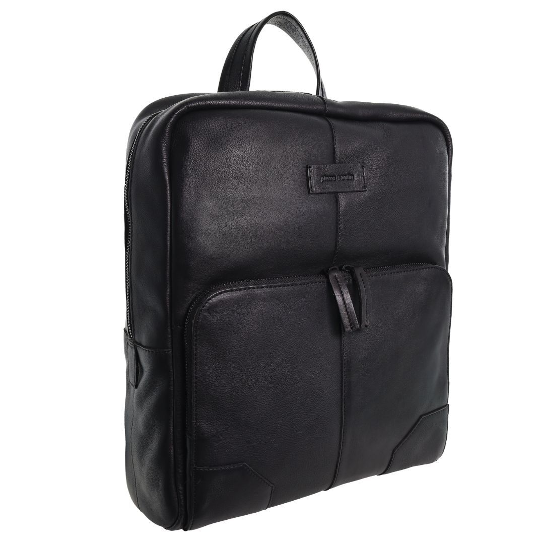 Pierre Cardin Mens Leather Sleek Backpack Bag w/ Laptop Compartment in Black