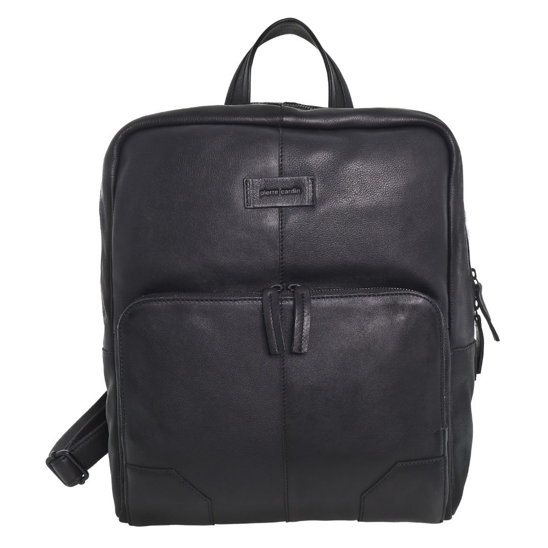 Pierre Cardin Mens Leather Sleek Backpack Bag w/ Laptop Compartment in Black