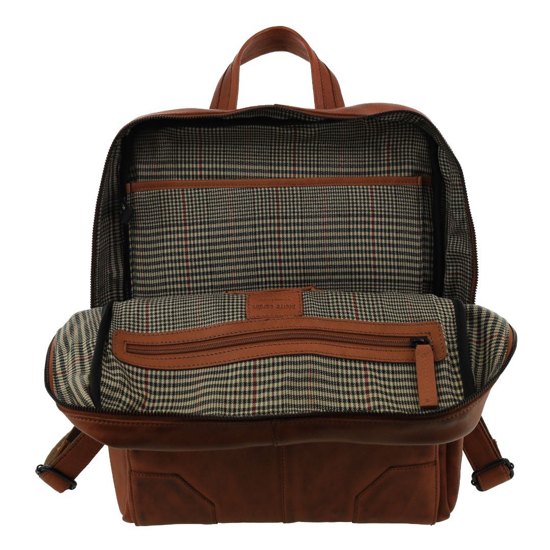 Pierre Cardin Mens Leather Sleek Backpack Bag w/ Laptop Compartment in Cognac