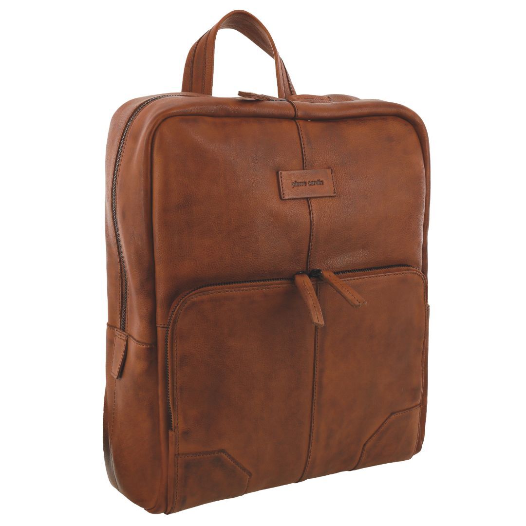 Pierre Cardin Mens Leather Sleek Backpack Bag w/ Laptop Compartment in Cognac