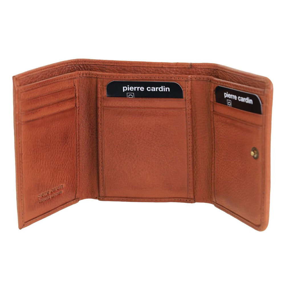 Pierre Cardin Ladies Leather Snap Button Tri-Fold Wallet - Cognac-1