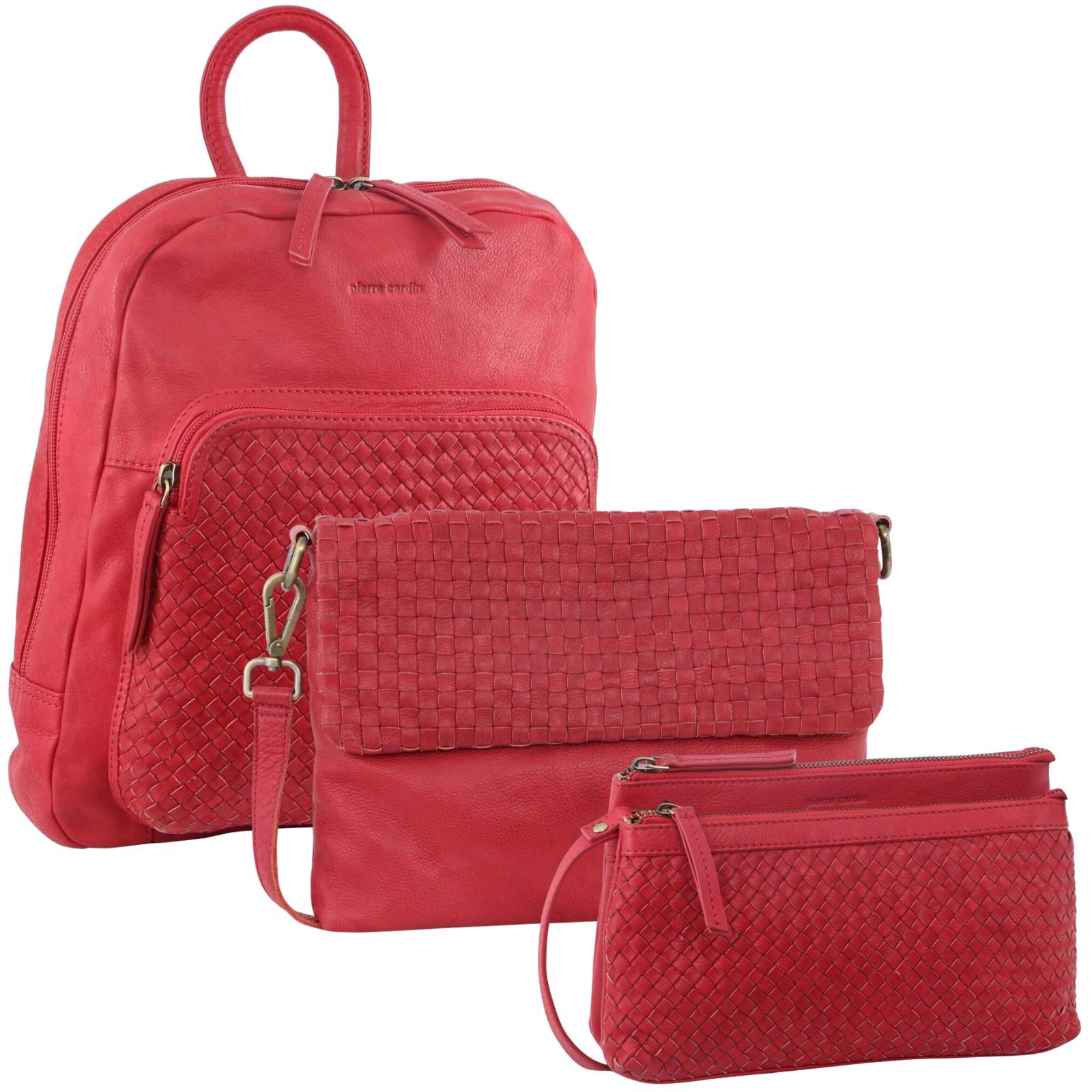 3PC Set Pierre Cardin Womens Woven Leather Cross-Body Bags + Backpack - Red-0