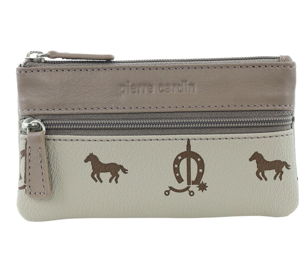 Pierre Cardin Womens Horse Print Genuine Leather RFID Coin Purse Wallet - Beige/Taupe-0