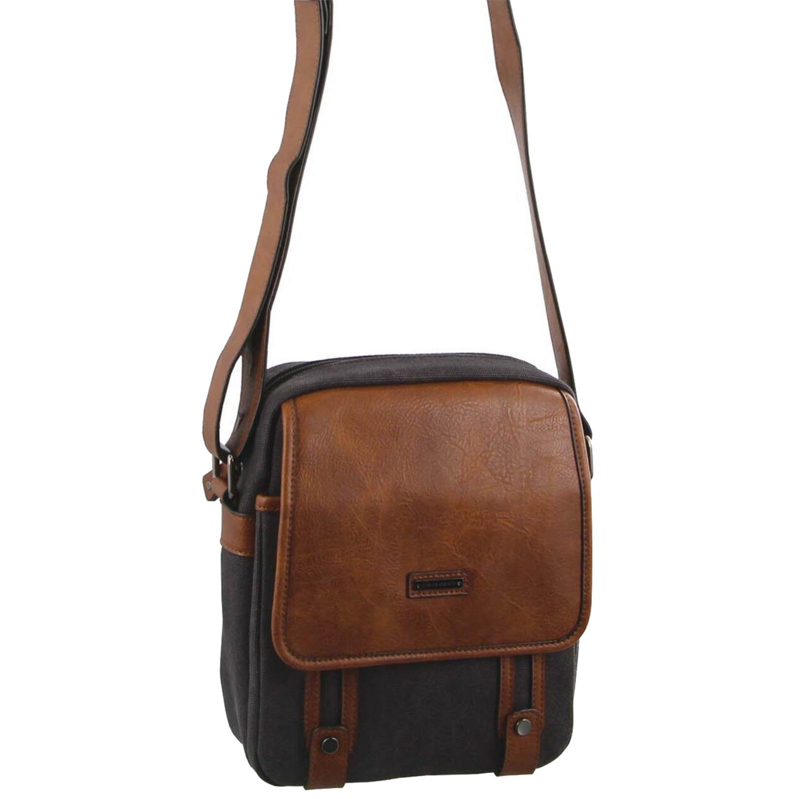 Pierre Cardin Unisex Canvas Cross Body Messenger Bag Satchel Sling Pack - Black/Cognac-1