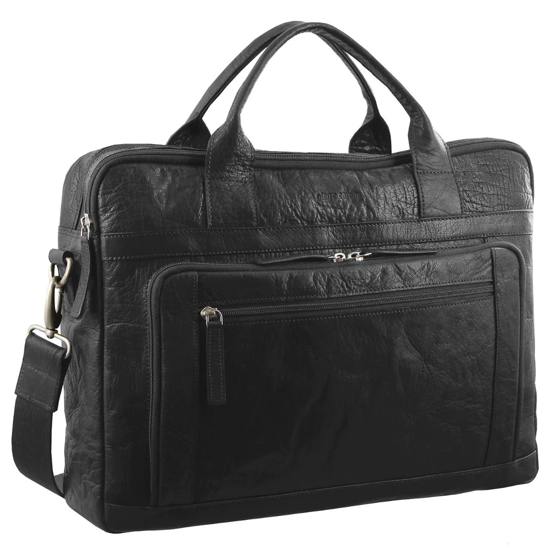 Pierre Cardin Messenger Bag Leather 15" Laptop Computer Business Crossbody Briefcase- Black-0