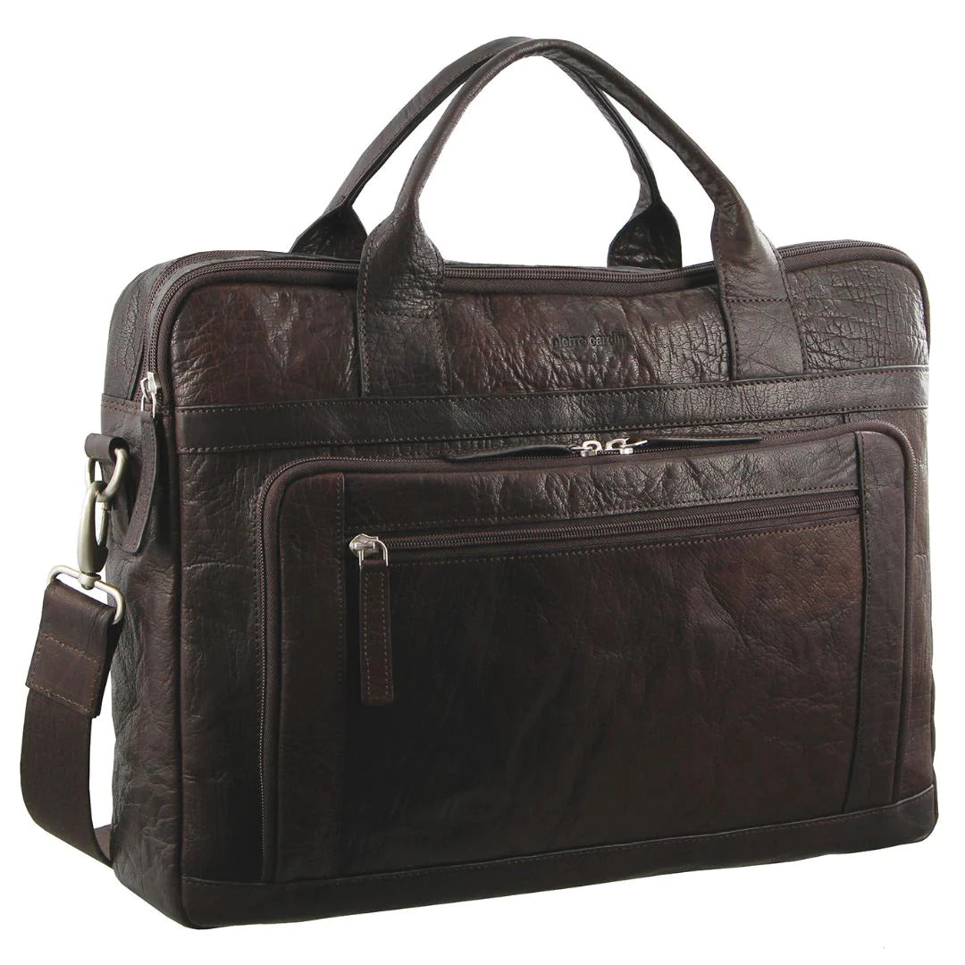 Pierre Cardin Messenger Bag Leather 15" Laptop Computer Business Crossbody Briefcase- Brown-0