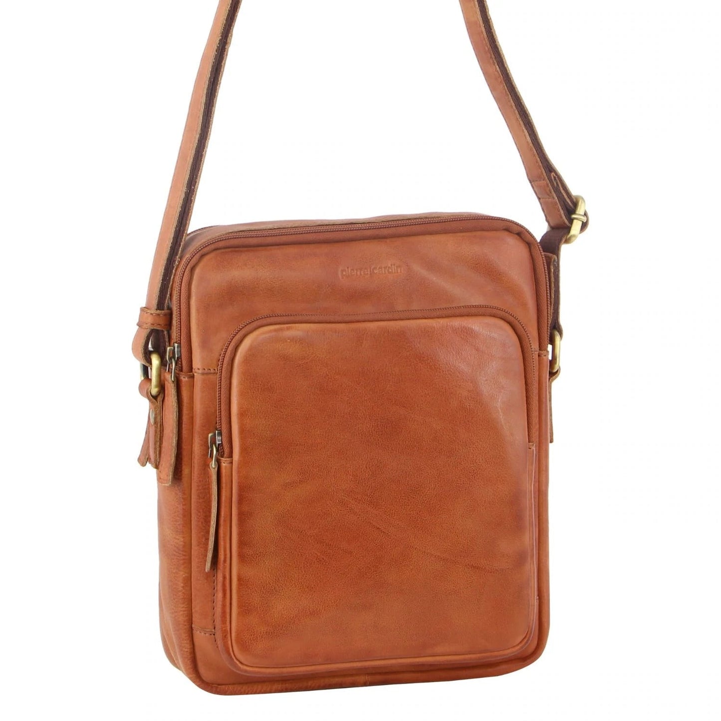 Pierre Cardin Italian Leather Tablet Bag Messenger Cross Body - Cognac-0
