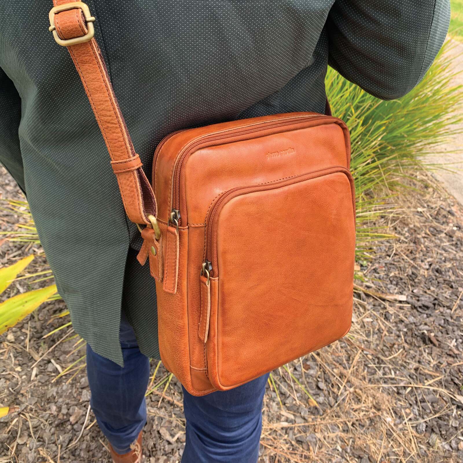 Pierre Cardin Italian Leather Tablet Bag Messenger Cross Body - Cognac-2