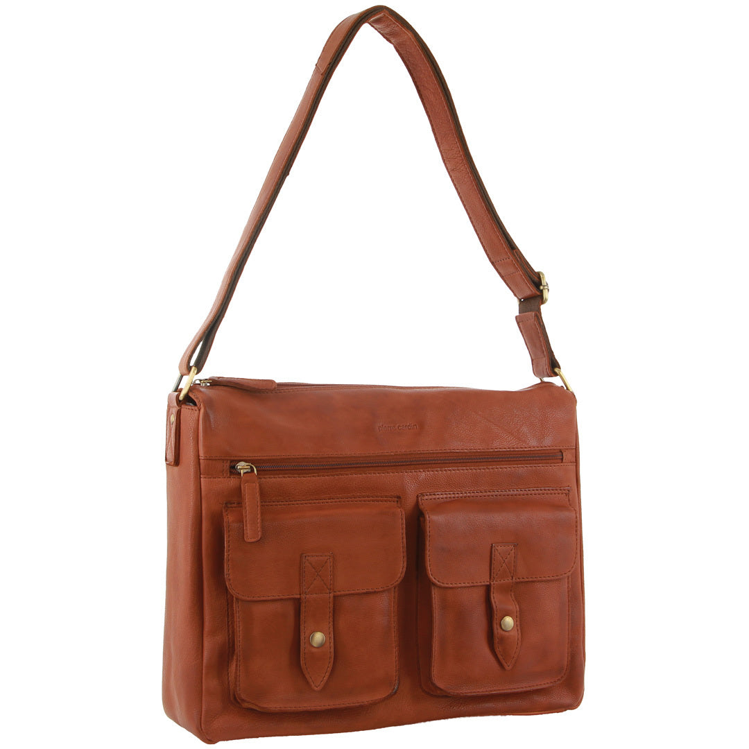 Pierre Cardin Leather Briefcase Bag Tote 13" Laptop Rustic Satchel Travel - Cognac-1