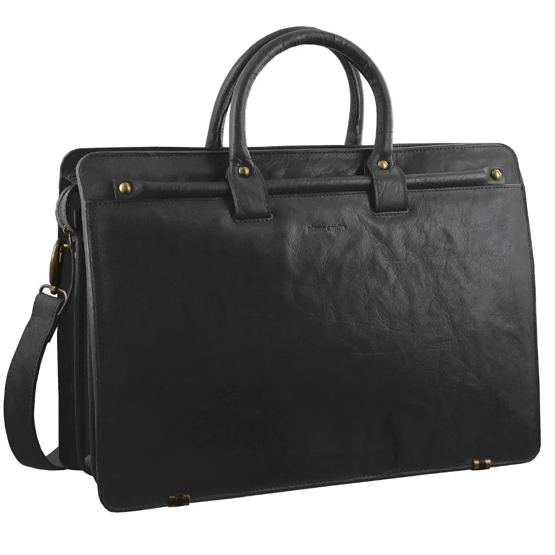 Pierre Cardin Mens Rustic Leather 15" Laptop Computer Shoulder Bag Handbag Briefcase - Black-1