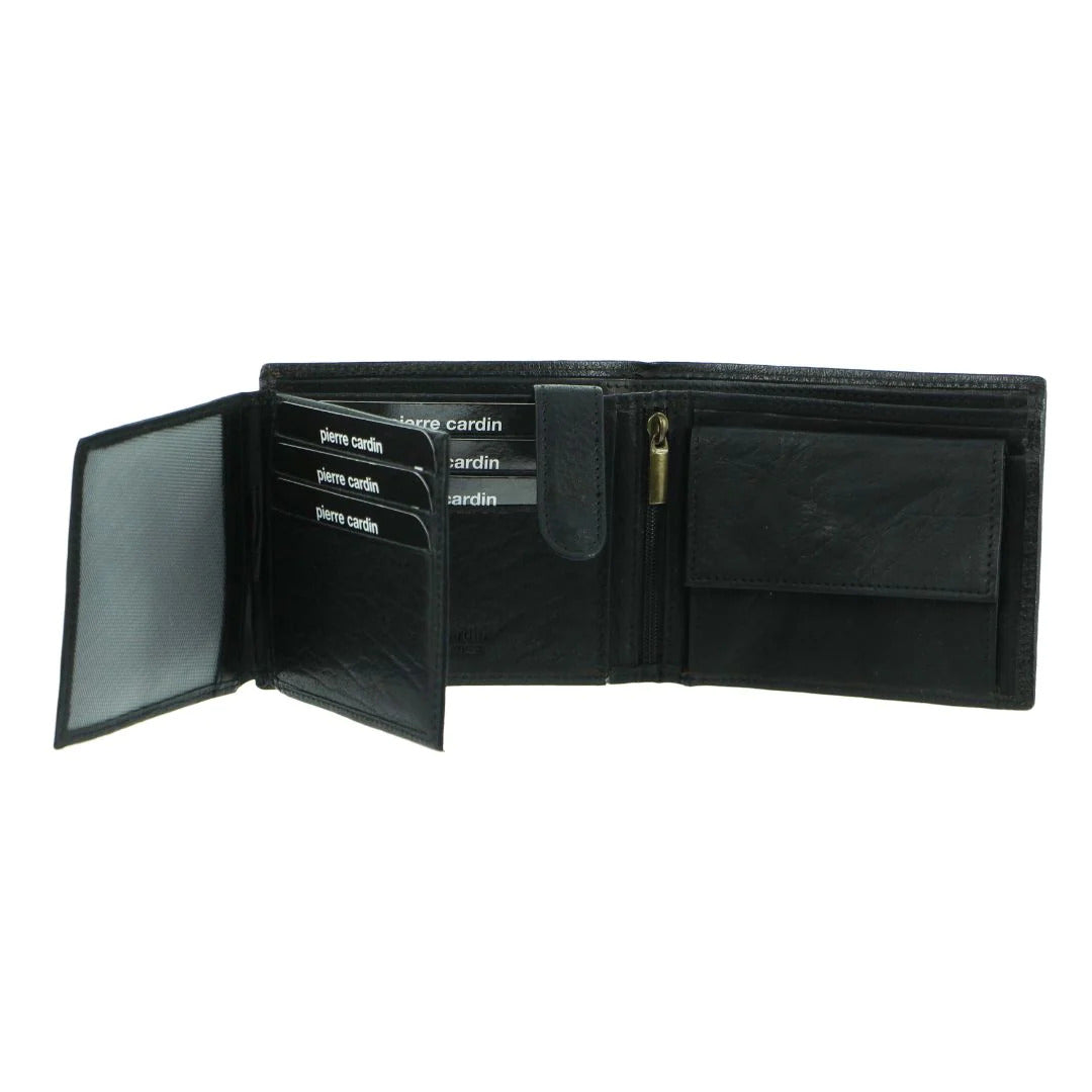 Pierre Cardin Mens Leather Wallet Tri-Fold Credit Card Slots Flap RFID - Black-1
