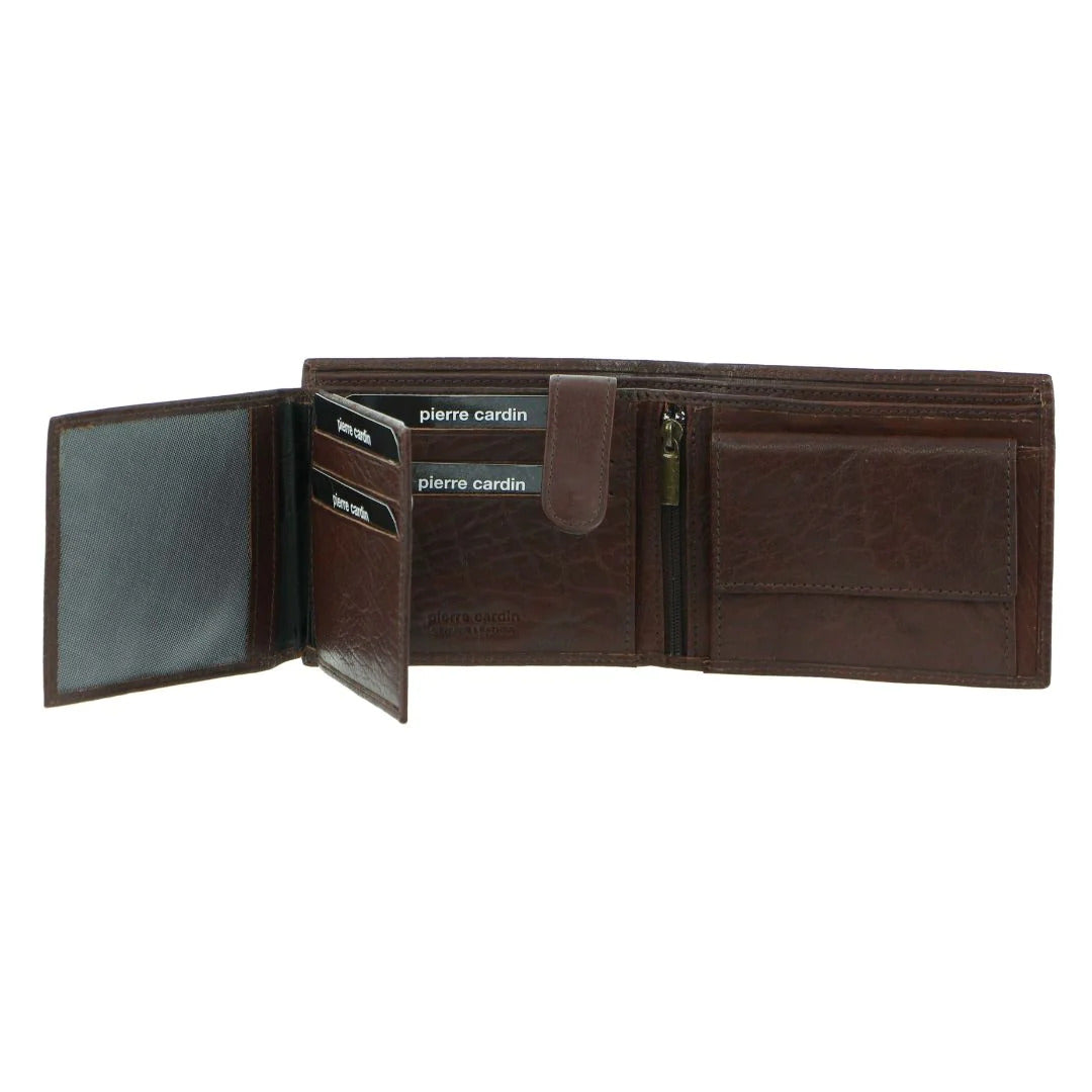 Pierre Cardin Mens Leather Wallet Tri-Fold Credit Card Slots Flap RFID - Brown-0