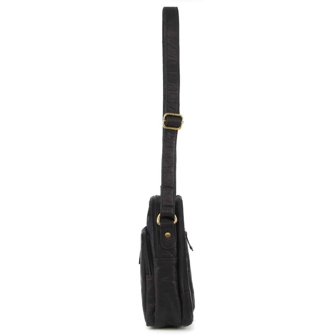Pierre Cardin Rustic Leather Cross Body Bag Messenger Mens Satchel Day Pack - Black