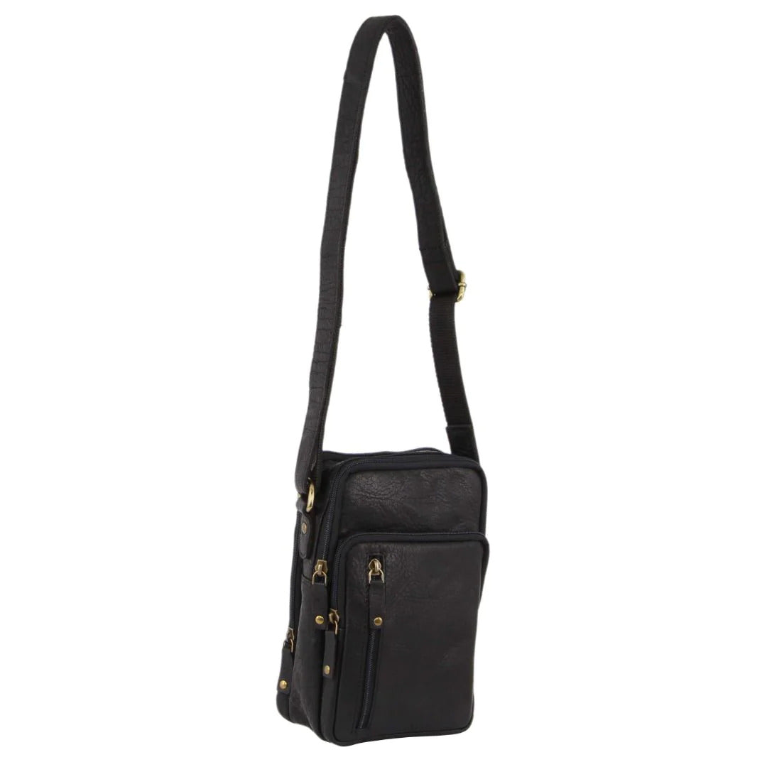 Pierre Cardin Rustic Leather Cross Body Bag Messenger Mens Satchel Day Pack - Black