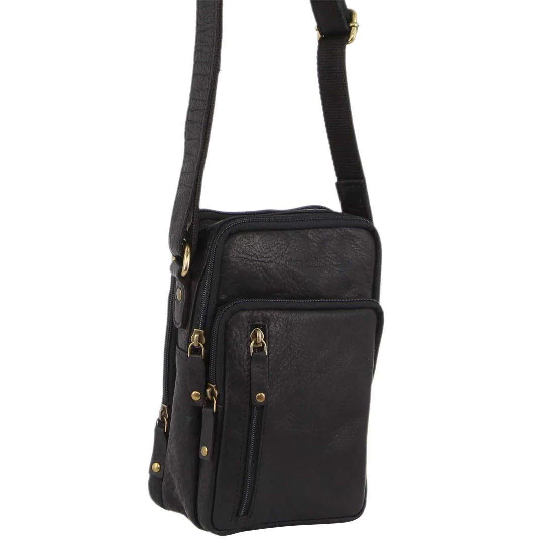 Pierre Cardin Rustic Leather Cross Body Bag Messenger Mens Satchel Day Pack - Black-0
