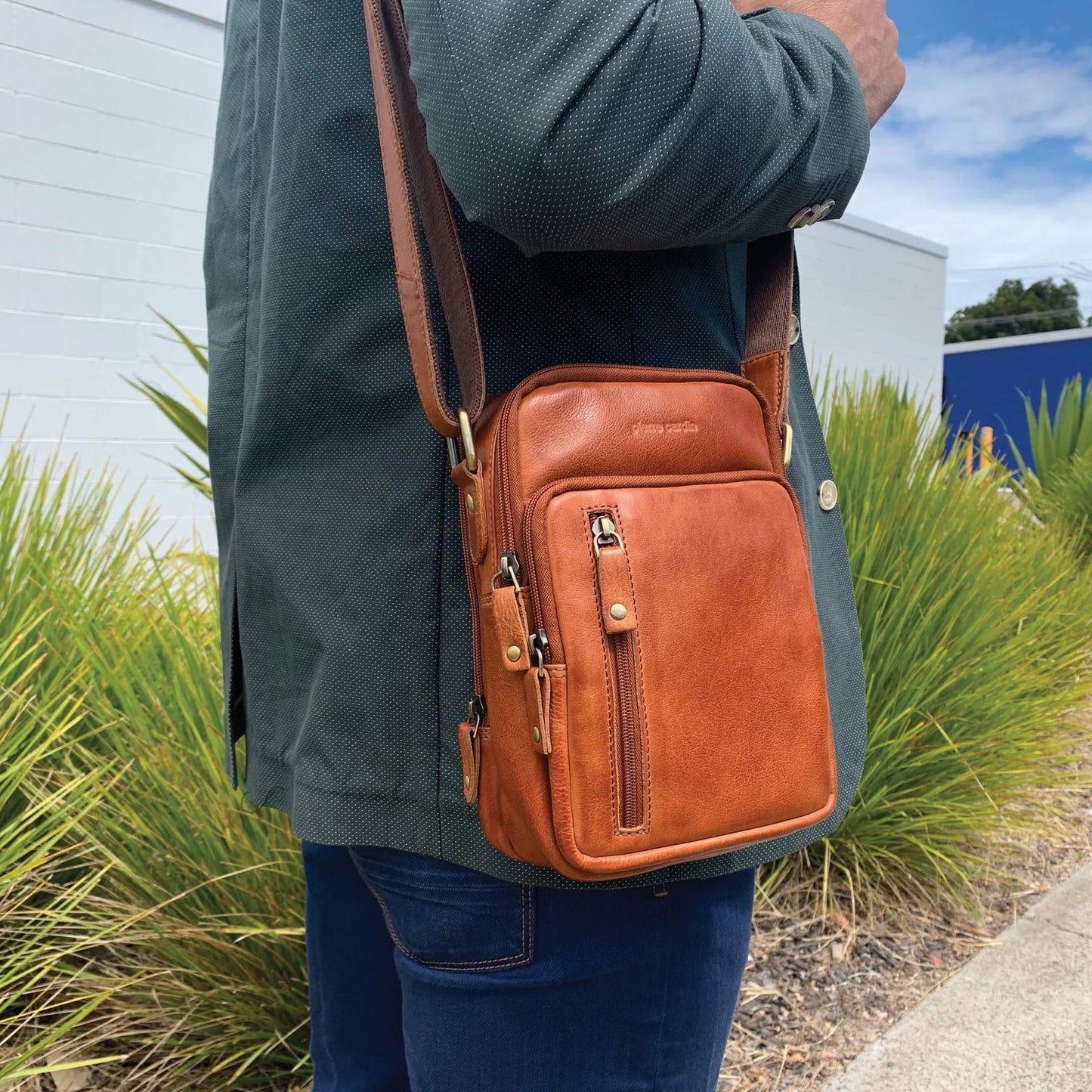 Pierre Cardin Cross Body Bag Unisex Sling Shoulder Messenger Travel - Cognac-2