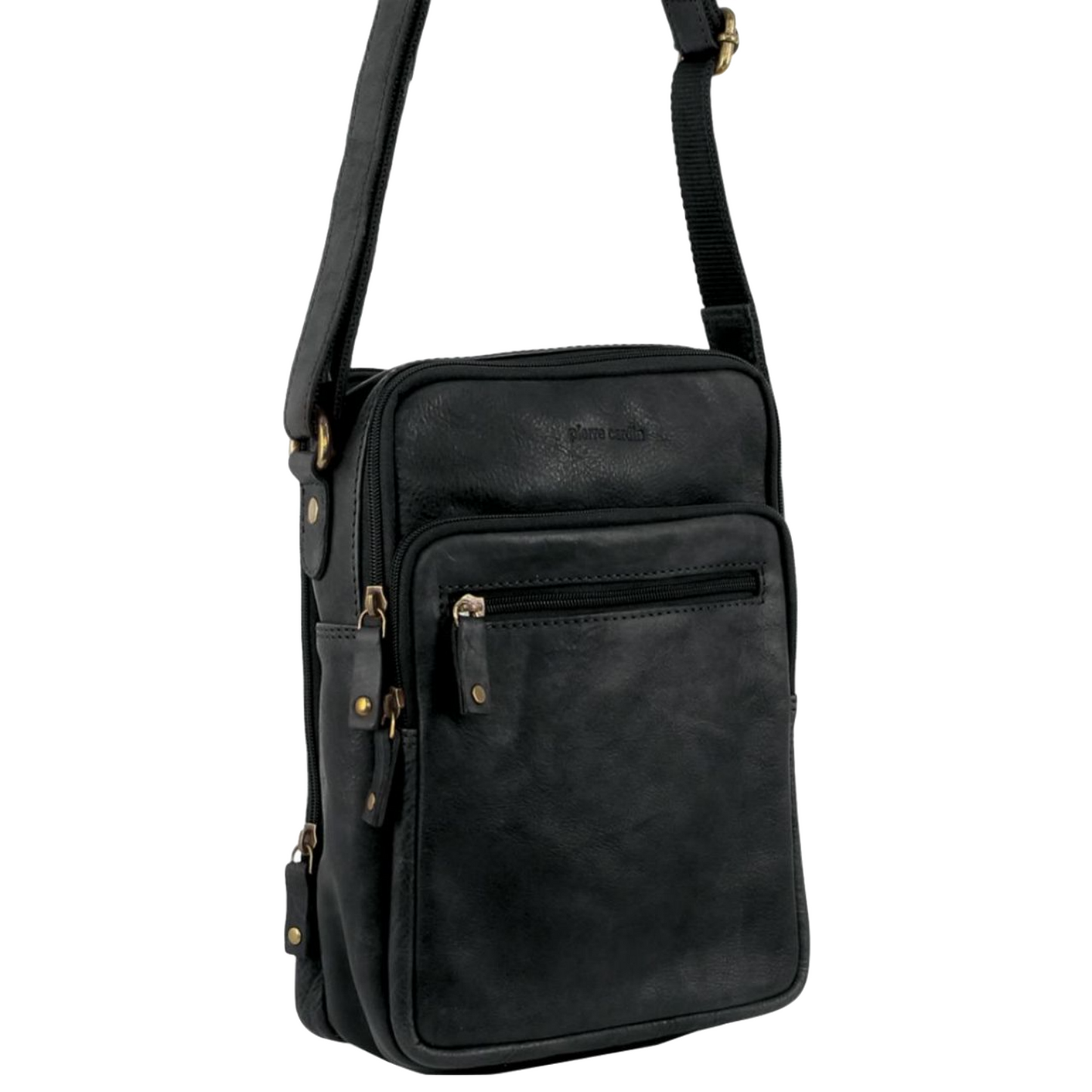 Pierre Cardin Rustic Leather Tablet Bag Cross Body Messenger - Black-0