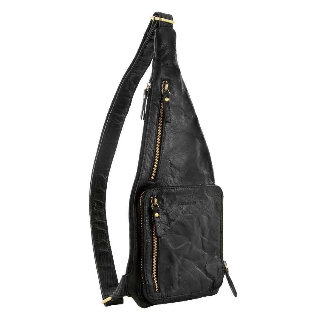 Pierre Cardin Mens Sling Bag Rustic Leather Crossbody Chest Backpack - Black-1