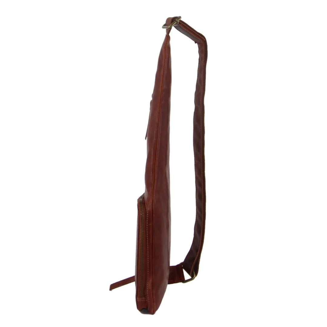 Pierre Cardin Mens Sling Bag Rustic Leather Crossbody Chest Backpack - Chestnut-3